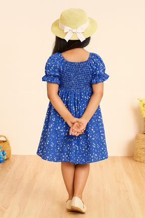 Baby Frock for Girls - Stylish Blue Floral Printed Cotton Dress with Puff Sleeves | Comfortable Wear for Kids