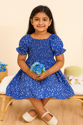 Baby Frock for Girls - Stylish Blue Floral Printed Cotton Dress with Puff Sleeves | Comfortable Wear for Kids