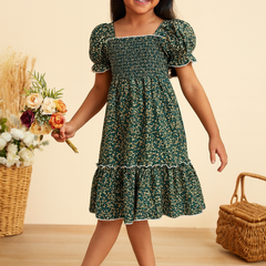 Girls Green Floral Smocked Puff Sleeve Midi Kids Dress – Casual Outfit for Toddlers & Little Girls