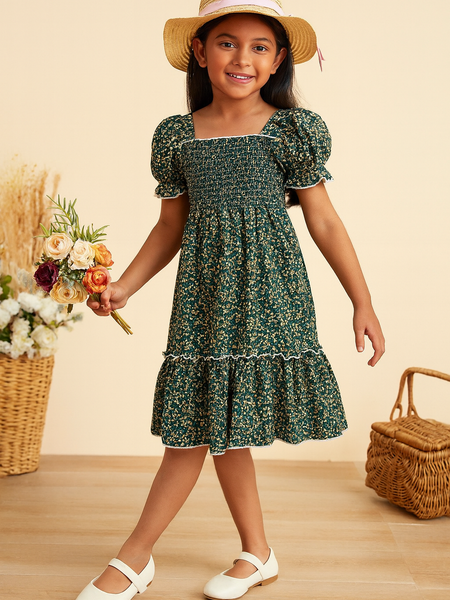 Girls Green Floral Smocked Puff Sleeve Midi Kids Dress – Casual Outfit for Toddlers & Little Girls
