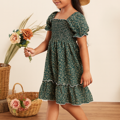 Girls Green Floral Smocked Puff Sleeve Midi Kids Dress – Casual Outfit for Toddlers & Little Girls