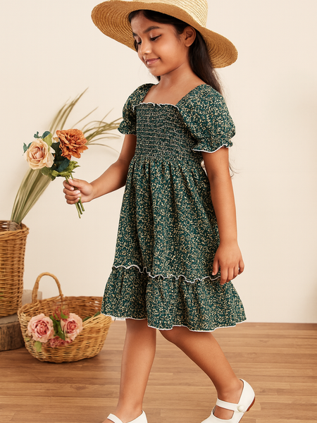 Girls Green Floral Smocked Puff Sleeve Midi Kids Dress – Casual Outfit for Toddlers & Little Girls