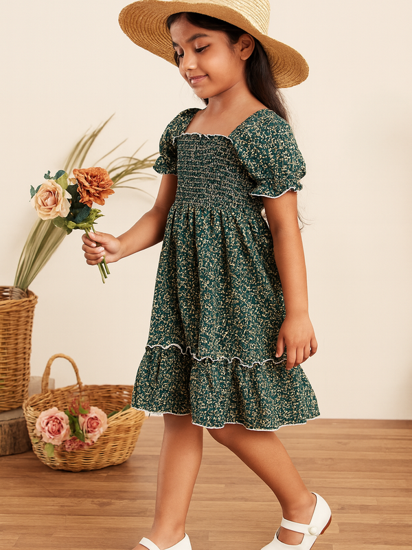 Girls Green Floral Smocked Puff Sleeve Midi Kids Dress – Casual Outfit for Toddlers & Little Girls