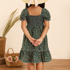 Girls Green Floral Smocked Puff Sleeve Midi Kids Dress – Casual Outfit for Toddlers & Little Girls