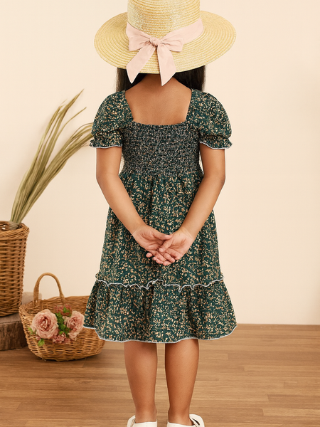 Girls Green Floral Smocked Puff Sleeve Midi Kids Dress – Casual Outfit for Toddlers & Little Girls
