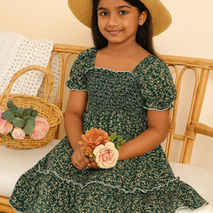 Girls Green Floral Smocked Puff Sleeve Midi Kids Dress – Casual Outfit for Toddlers & Little Girls