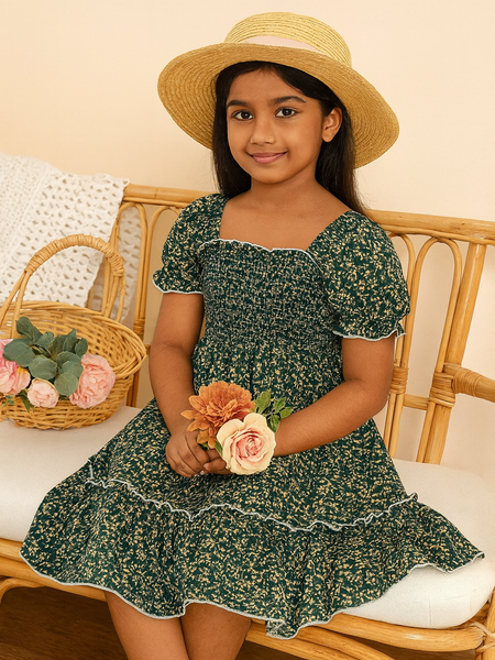 Girls Green Floral Smocked Puff Sleeve Midi Kids Dress – Casual Outfit for Toddlers & Little Girls