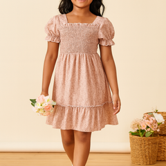 Girls Smocked Puff Sleeve Kids Dress – Soft Pink Floral Ruffle Midi Dress for Toddlers & Girls