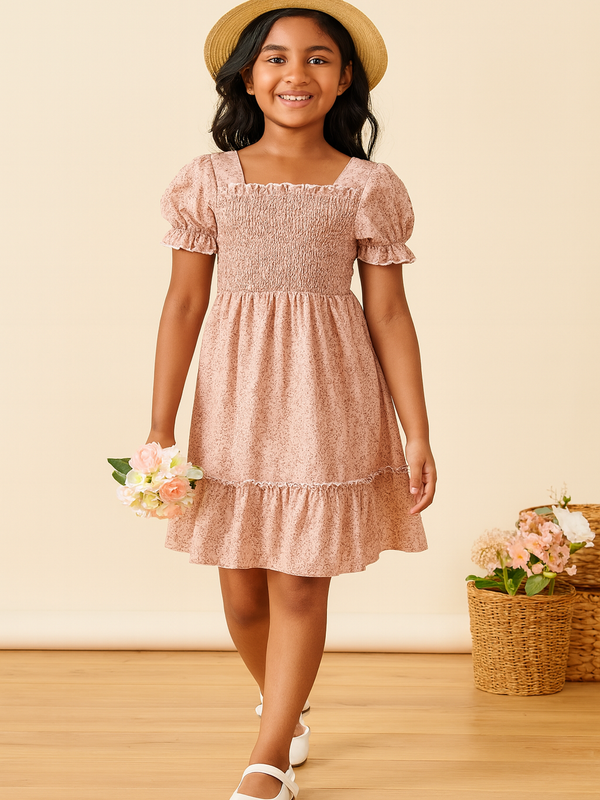 Girls Smocked Puff Sleeve Kids Dress – Soft Pink Floral Ruffle Midi Dress for Toddlers & Girls
