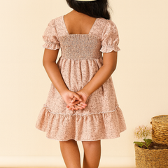 Girls Smocked Puff Sleeve Kids Dress – Soft Pink Floral Ruffle Midi Dress for Toddlers & Girls