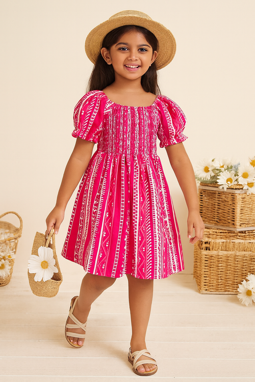 Baby Frock for Girls – Cotton Puff Sleeve Printed Dress for Toddlers & Kids | Stylish Smocked Frock