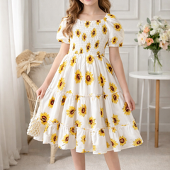 Girls White Sunflower Print Smocked Tiered Midi Dress with Puff Sleeves