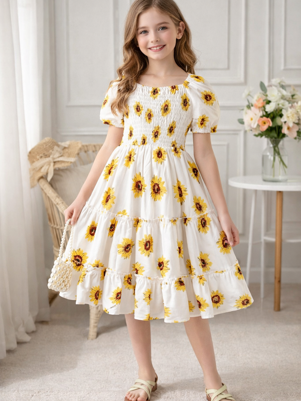 Girls White Sunflower Print Smocked Tiered Midi Dress with Puff Sleeves