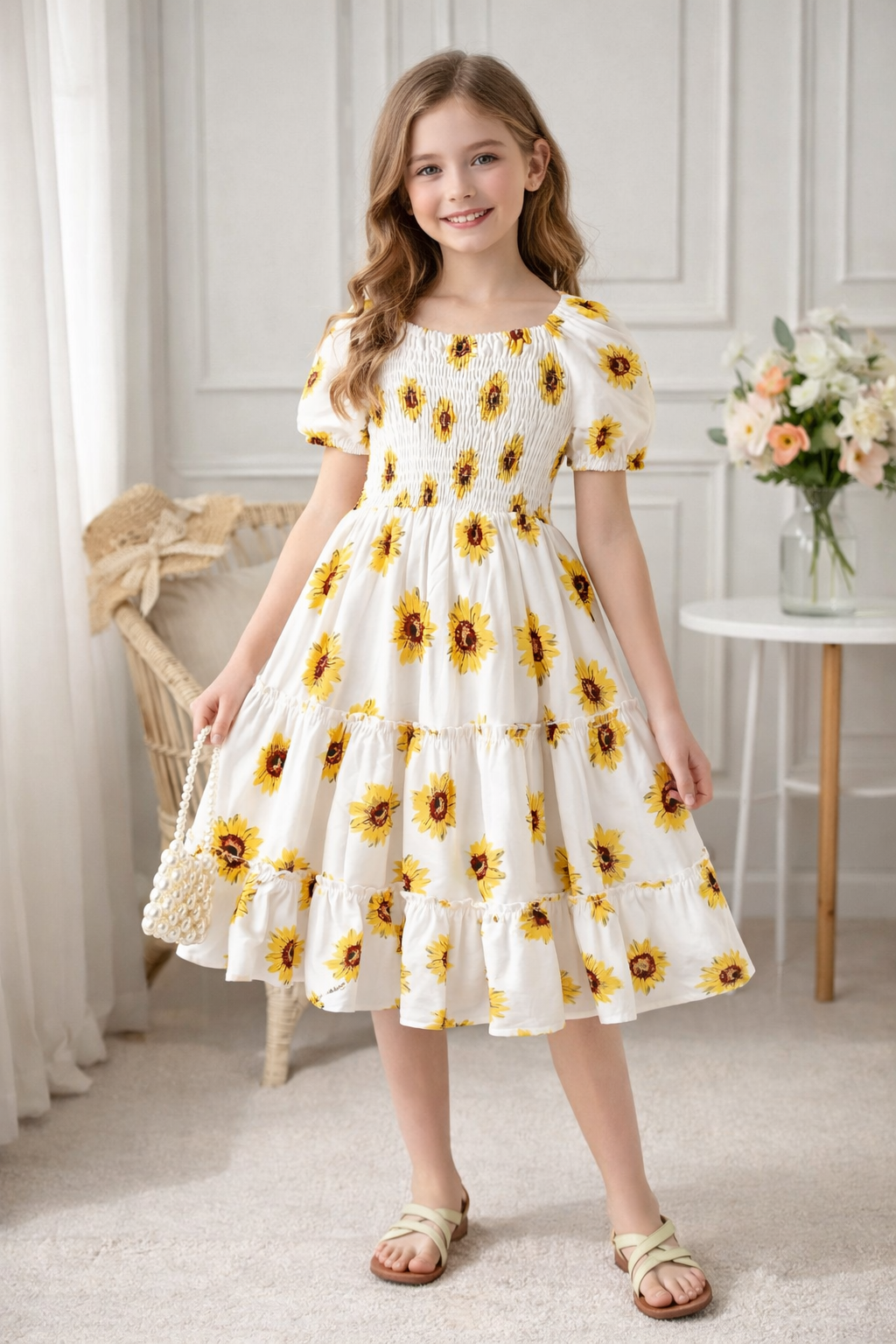 Girls White Sunflower Print Smocked Tiered Midi Dress with Puff Sleeves