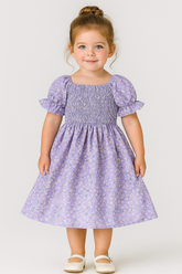 Girls Dress – Lavender Floral Puff Sleeve Smocked Sundress for Toddler and Baby Girl, Summer Casual Outfit for Birthday, Party & Everyday Wear