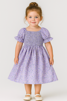 Girls Dress – Lavender Floral Puff Sleeve Smocked Sundress for Toddler and Baby Girl, Summer Casual Outfit for Birthday, Party & Everyday Wear