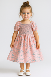 Girls Dress – Pink Floral Smocked Puff Sleeve Dress for Toddler and Baby Girl, Summer Outfit for Birthday, Party & Everyday Wear