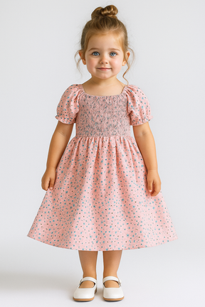 Girls Dress – Pink Floral Smocked Puff Sleeve Dress for Toddler and Baby Girl, Summer Outfit for Birthday, Party & Everyday Wear