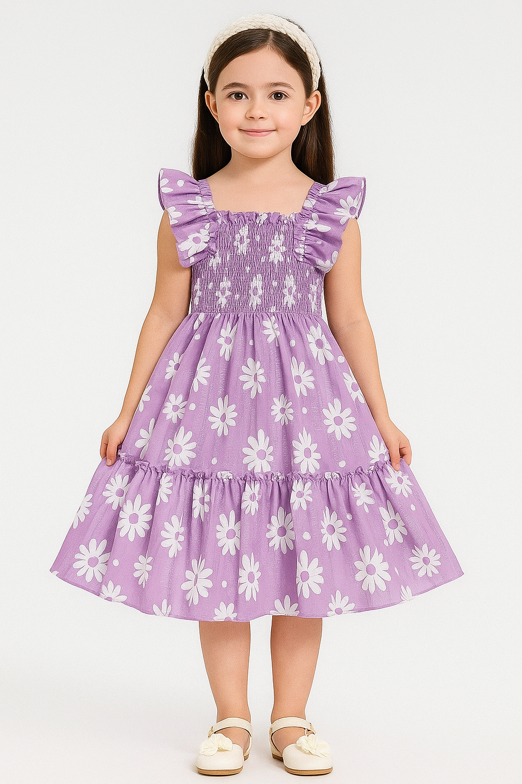 Girls Purple Daisy Print Smocked Dress with Ruffled Sleeves – Comfortable and Stylish Dress