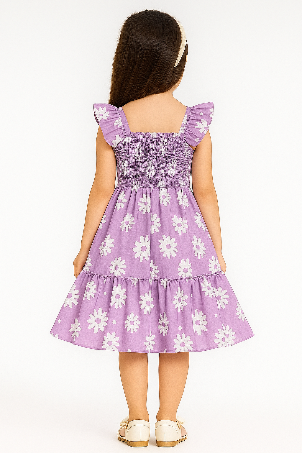 Girls Purple Daisy Print Smocked Dress with Ruffled Sleeves – Comfortable and Stylish Dress
