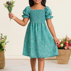 Glamgait Rama Green Flower Printed Short Sleeve Girls Dress