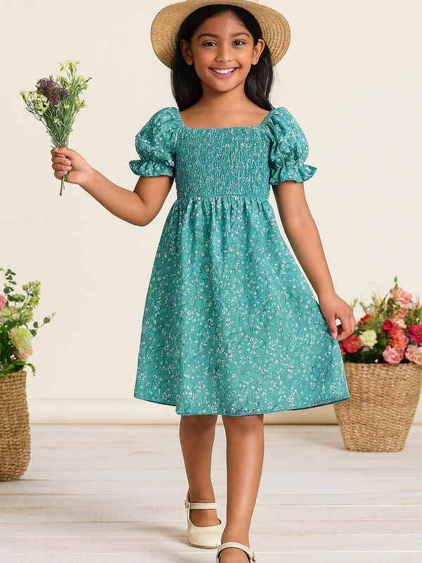 Glamgait Rama Green Flower Printed Short Sleeve Girls Dress