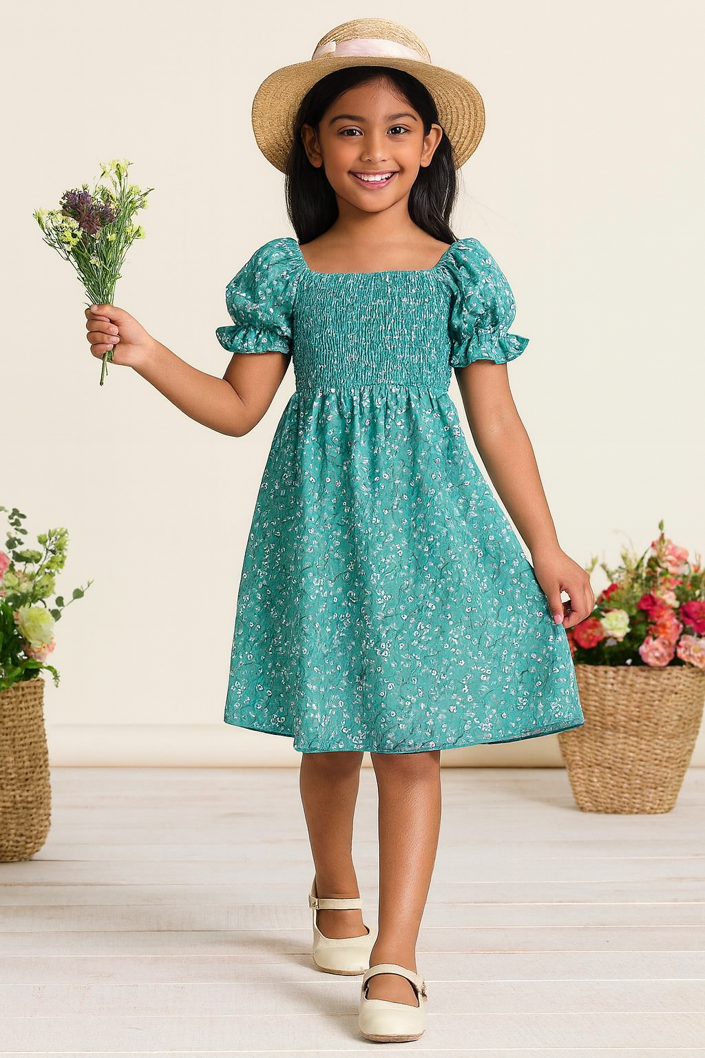 Glamgait Rama Green Flower Printed Short Sleeve Girls Dress
