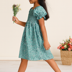 Glamgait Rama Green Flower Printed Short Sleeve Girls Dress