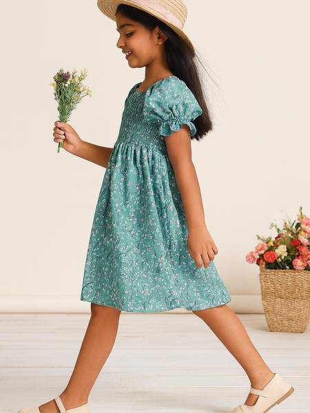 Glamgait Rama Green Flower Printed Short Sleeve Girls Dress