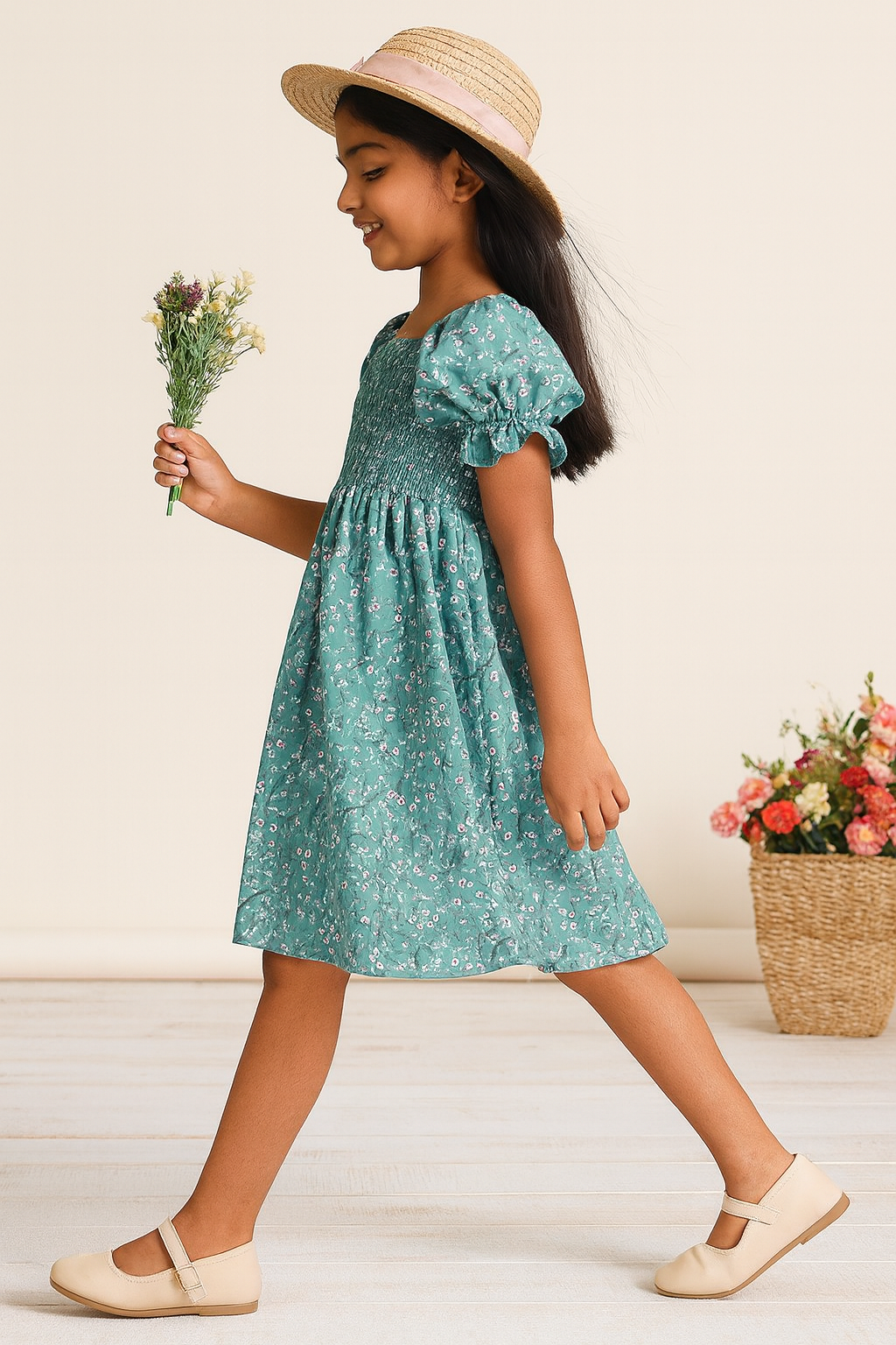 Glamgait Rama Green Flower Printed Short Sleeve Girls Dress