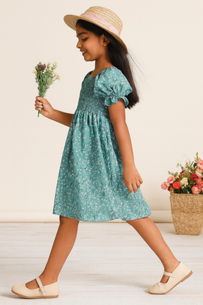 Glamgait Rama Green Flower Printed Short Sleeve Girls Dress