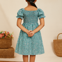 Glamgait Rama Green Flower Printed Short Sleeve Girls Dress