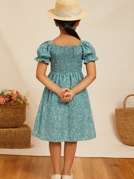 Glamgait Rama Green Flower Printed Short Sleeve Girls Dress