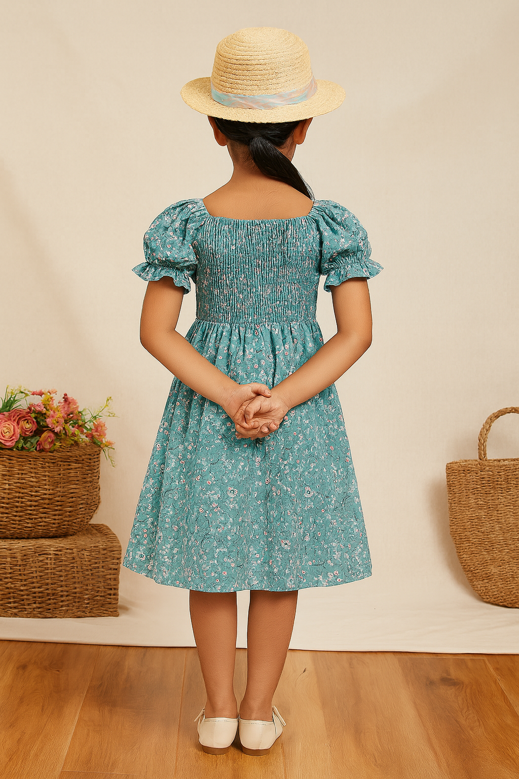 Glamgait Rama Green Flower Printed Short Sleeve Girls Dress