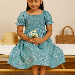 Glamgait Rama Green Flower Printed Short Sleeve Girls Dress
