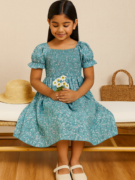 Glamgait Rama Green Flower Printed Short Sleeve Girls Dress