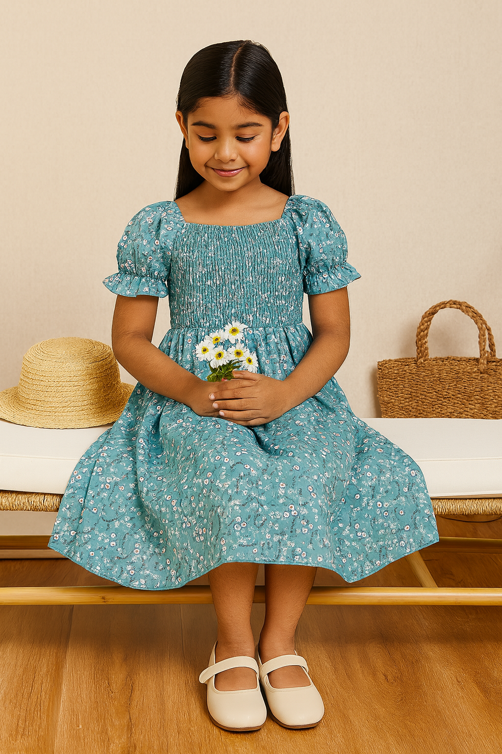 Glamgait Rama Green Flower Printed Short Sleeve Girls Dress