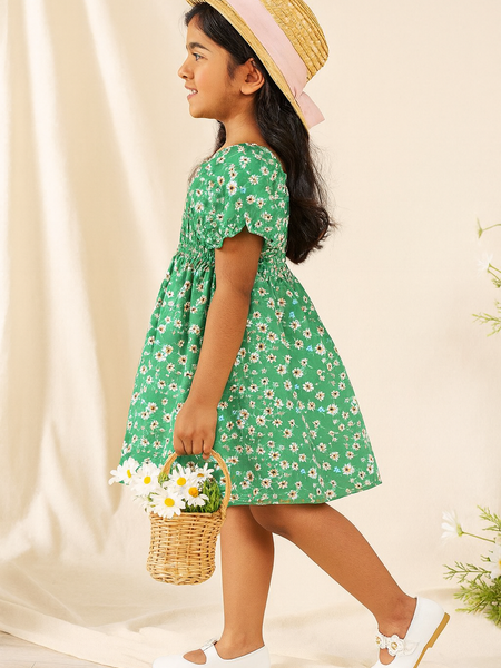 Glamgait Green Color Flower Printed Short Sleeve Baby Girl Dresses