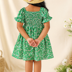 Glamgait Green Color Flower Printed Short Sleeve Baby Girl Dresses