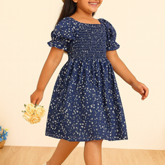 Glamgait Navy Blue Floral Printed Short Sleeve Midi Baby Dress