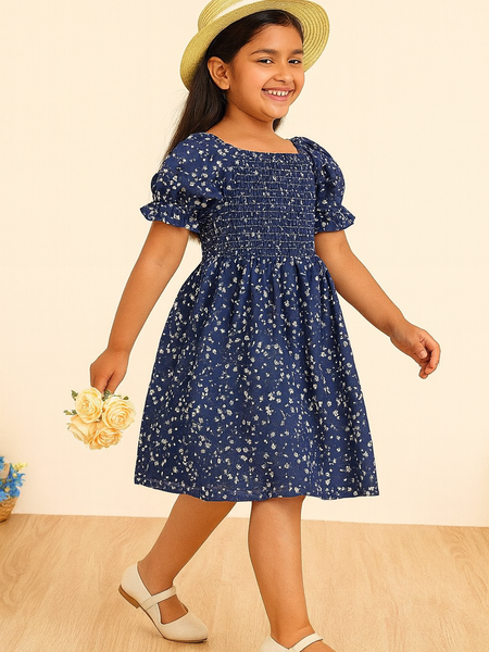 Glamgait Navy Blue Floral Printed Short Sleeve Midi Baby Dress