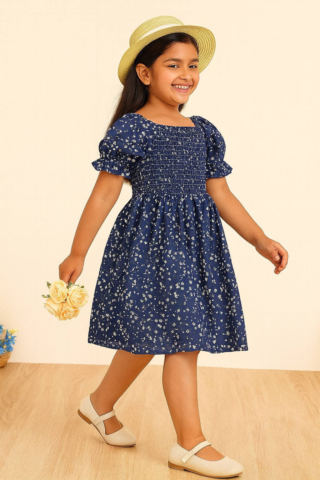 Glamgait Navy Blue Floral Printed Short Sleeve Midi Baby Dress