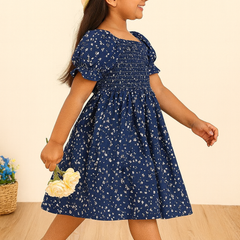 Glamgait Navy Blue Floral Printed Short Sleeve Midi Baby Dress
