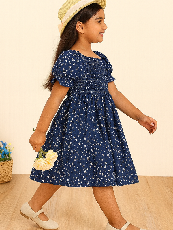 Glamgait Navy Blue Floral Printed Short Sleeve Midi Baby Dress