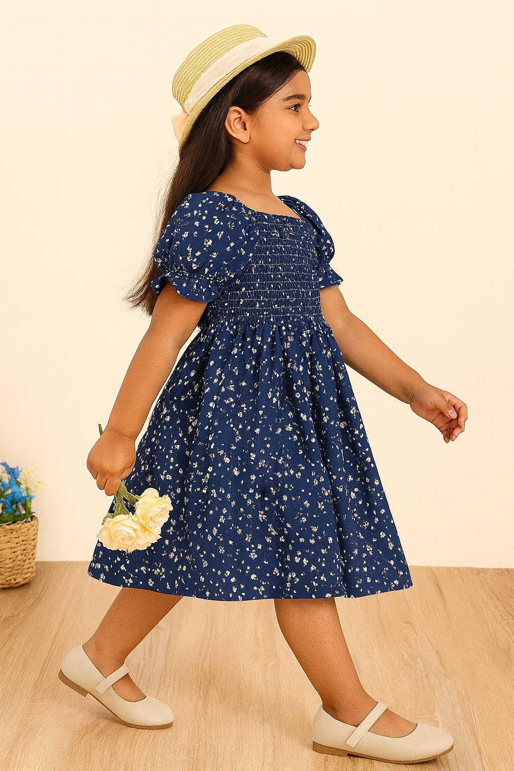Glamgait Navy Blue Floral Printed Short Sleeve Midi Baby Dress