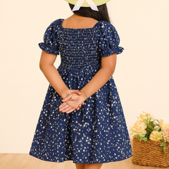 Glamgait Navy Blue Floral Printed Short Sleeve Midi Baby Dress