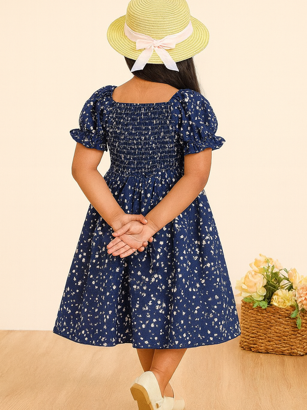 Glamgait Navy Blue Floral Printed Short Sleeve Midi Baby Dress