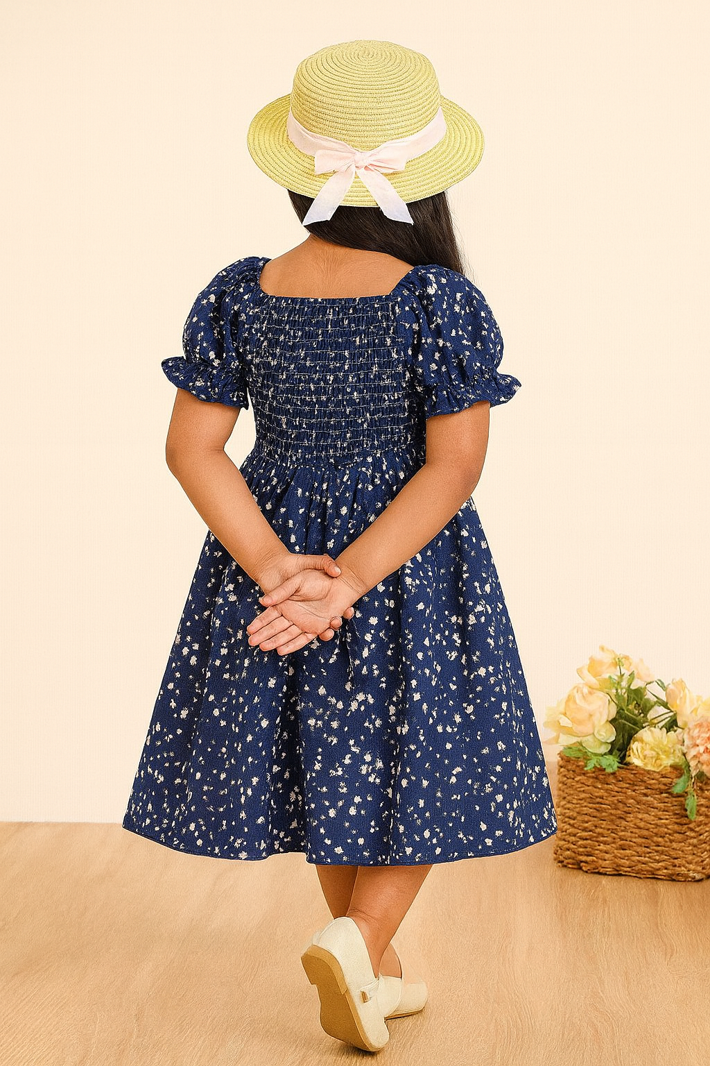 Glamgait Navy Blue Floral Printed Short Sleeve Midi Baby Dress