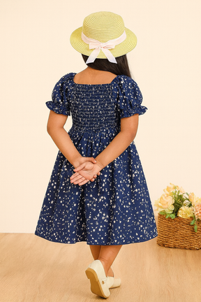 Glamgait Navy Blue Floral Printed Short Sleeve Midi Baby Dress