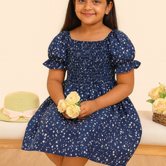 Glamgait Navy Blue Floral Printed Short Sleeve Midi Baby Dress